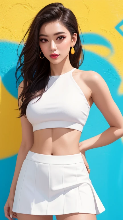 Attractive woman in dressed in a white, tight crop top and matching short skirt poses against a vibrantly colored graffiti wall, gazes over her shoulder towards the camera with a soft yet confident expression, her styled in a casual crop top with loose strands framing her face. The warm lighting and bokeh effect from the circular lights in the background create a dreamy atmosphere.