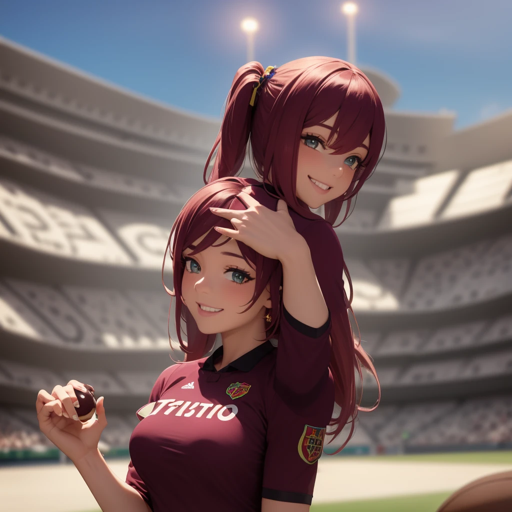 Girl dressed as Vinotinto Venezuelan soccer team, sexy, beautiful smile, in the background a football stadium