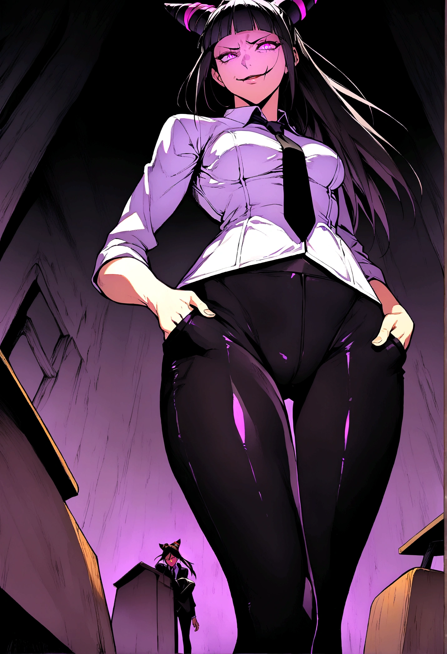 Juri Han, artwork, tight white secretary shirt with black tie, camisa apertada dentro da legging pants, Bblack hair,evil smile,DESK,bangs on the eyes,lighting,horn of hair,glowing purple eye,hands in pocket,legging pants