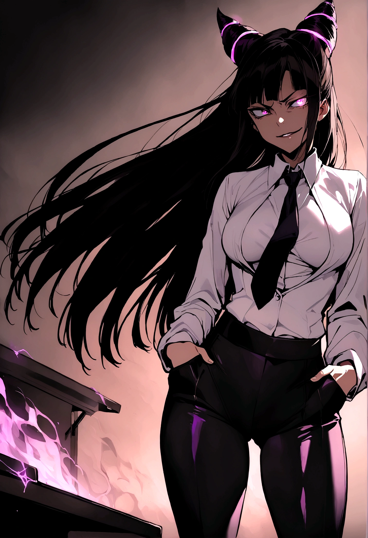 Juri Han, artwork, tight white secretary shirt with black tie, camisa apertada dentro da legging pants, Bblack hair,evil smile,DESK,bangs on the eyes,lighting,horn of hair,glowing purple eye,hands in pocket,legging pants