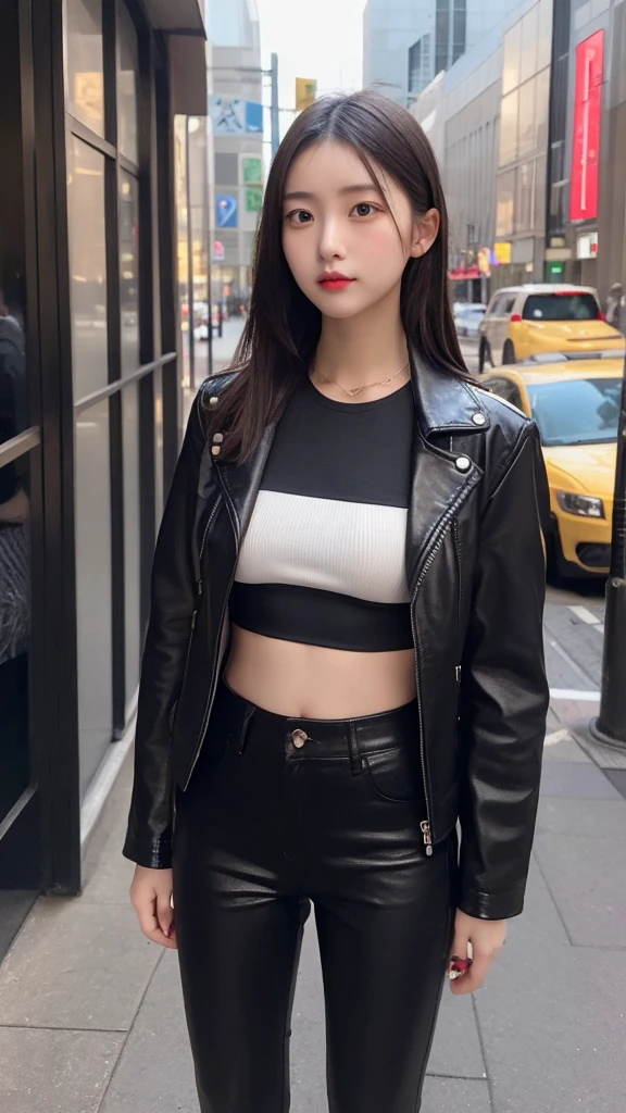 20 year old Japanese girl, wearing a black leather jacket, black trousers, black shoes, black crop top, has a slim stomach, long black hair, photo in the city, 8k masterpiece, detail, realistic