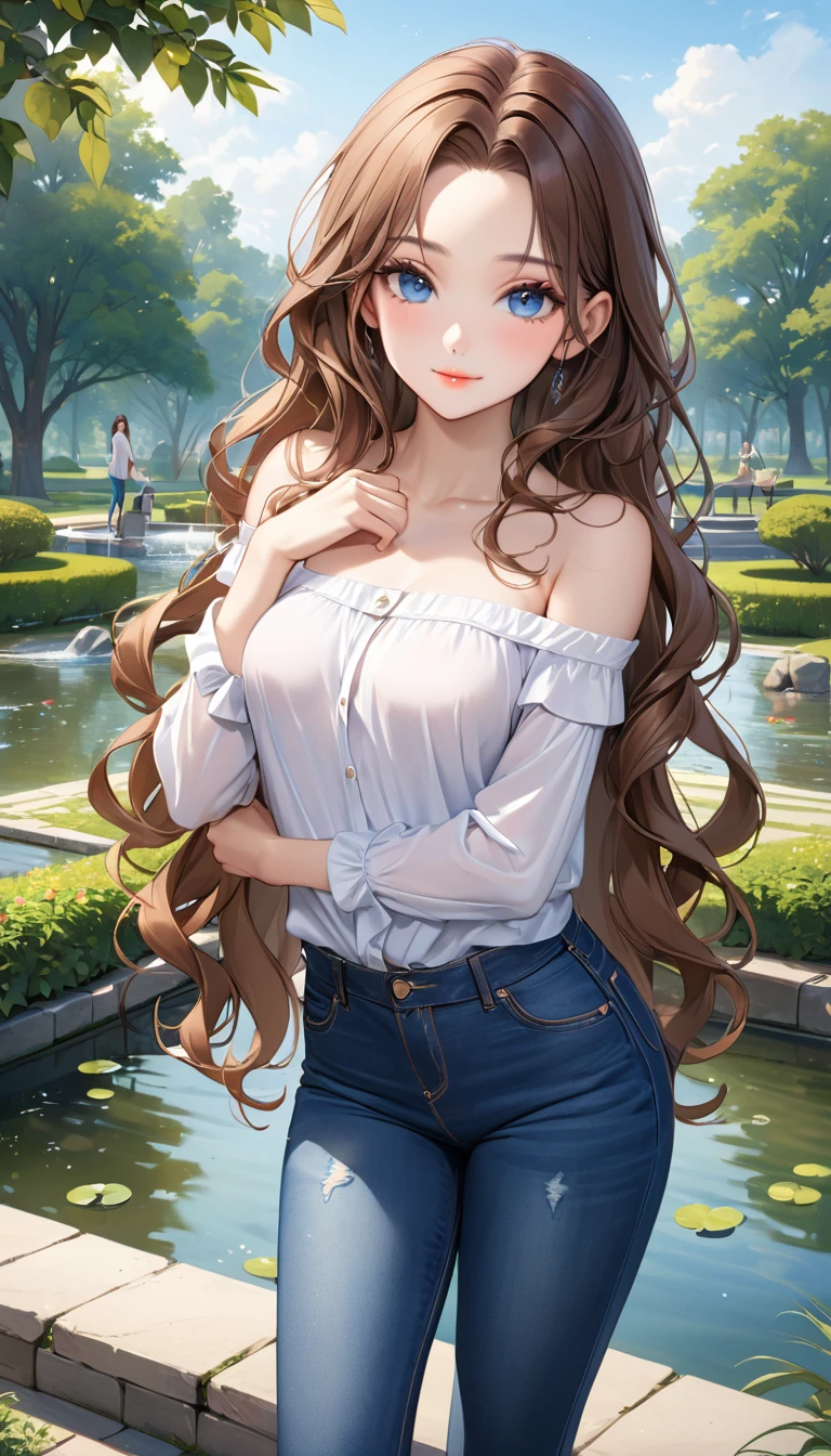 ((best quality, masterpiece:1.3, 8K)), (detailed), highly detailed face and skin texture, detailed eyes, (seductive pose:1.1), park, pond, full body, (slender body:1.1), 1girl, 25 years old, white skin, blue eyes, bright lips, seductive smile, brown hair, wavy hair, very long hair, (forehead:1.0), bright colored clothes, white blouse, bare shoulder, medium breast, hard nipples, long sleeves, jeans pants, skinny jeans, dark blue jeans, white sneakers,