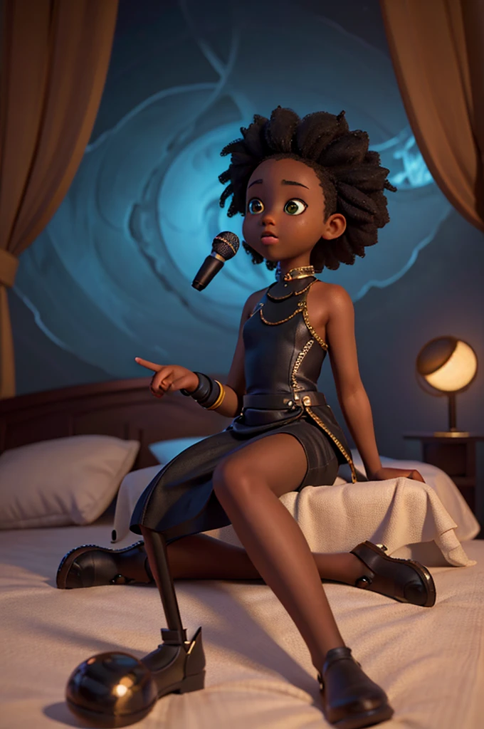 13 year old black girl, work of art, best qualityer, (Extremely detailed CG 8k unity wallpaper), (best qualityer), (Best illustration), (best shade), absurderes, realistic lighting, (abyss), beautiful detailed glowing, holding a microphone