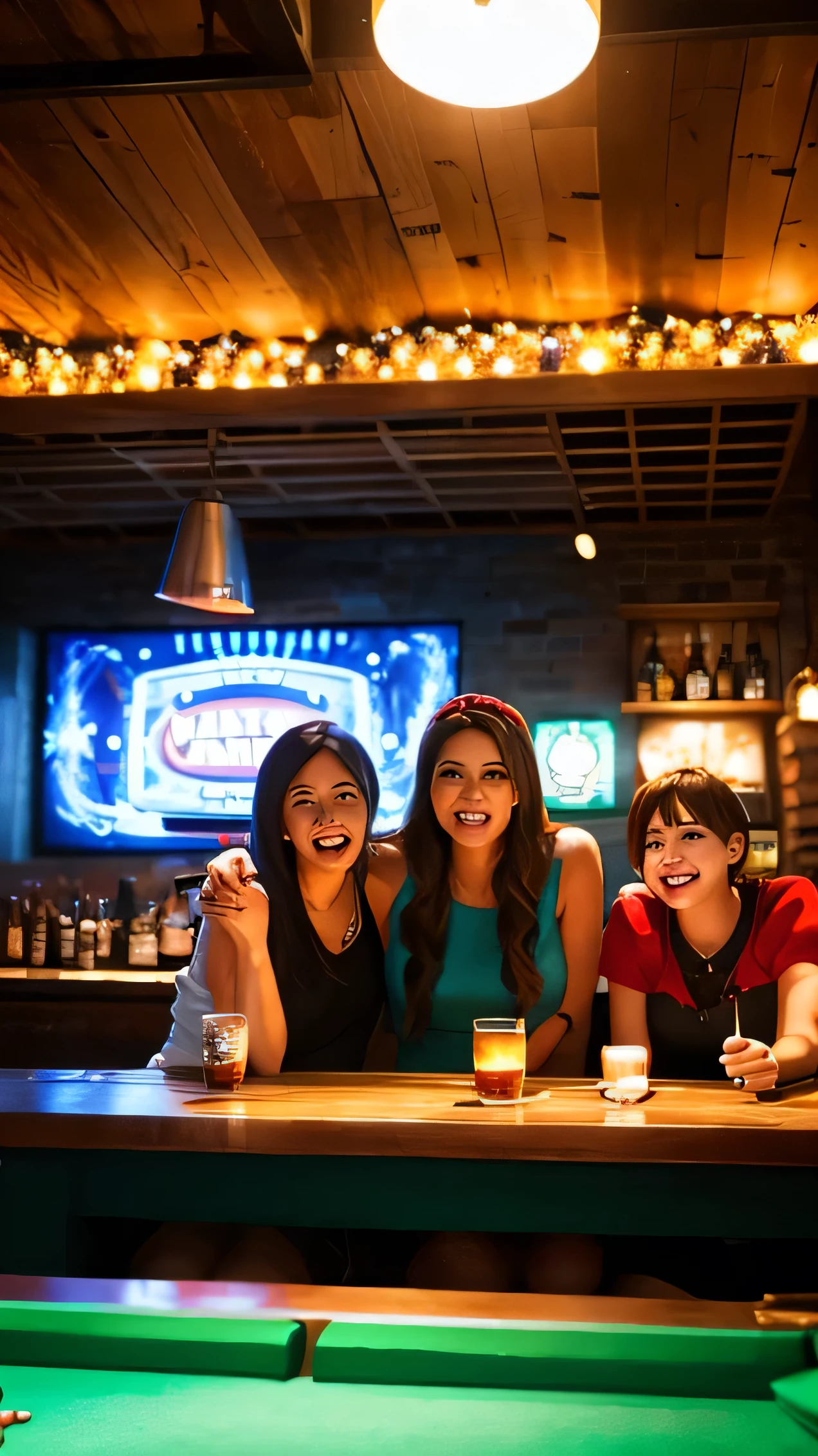 Scene 6: Friends Enjoying the Bar
Prompt: A group of friends enjoying their time at a stylish darts bar. They are smiling, taking photos, and having fun together. The bar has a lively and welcoming atmosphere with modern decor and warm lighting. Cinematic style, high resolution, warm tones, dynamic lighting, and a sense of movement."A mystical atmosphere like a photograph, with impressionistic lighting and harmonious color coordination, creating a cohesive Disney-inspired aesthetic."