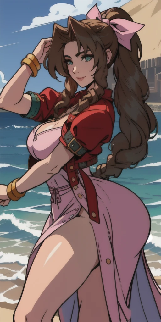 masterpiece, best qarity, Aerith Gainsborough, She is standing, she is raised, short dress, Athletic build, thin waste, broad hips, perky ass, gargantilha, Short jacket, hair bow, bracelet, pink dress, spectator side, smile, mouth shut, inside, stained glass, legs thick, big boobies, very short dress, she is standing, She is standing, beach scene