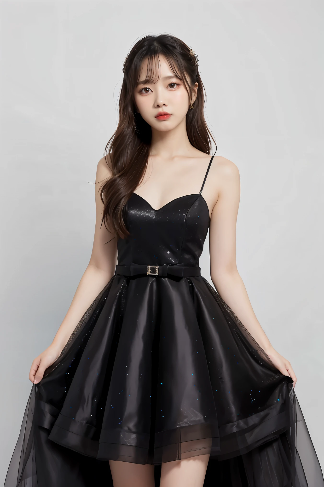 1girl, black random formal dress, white background,