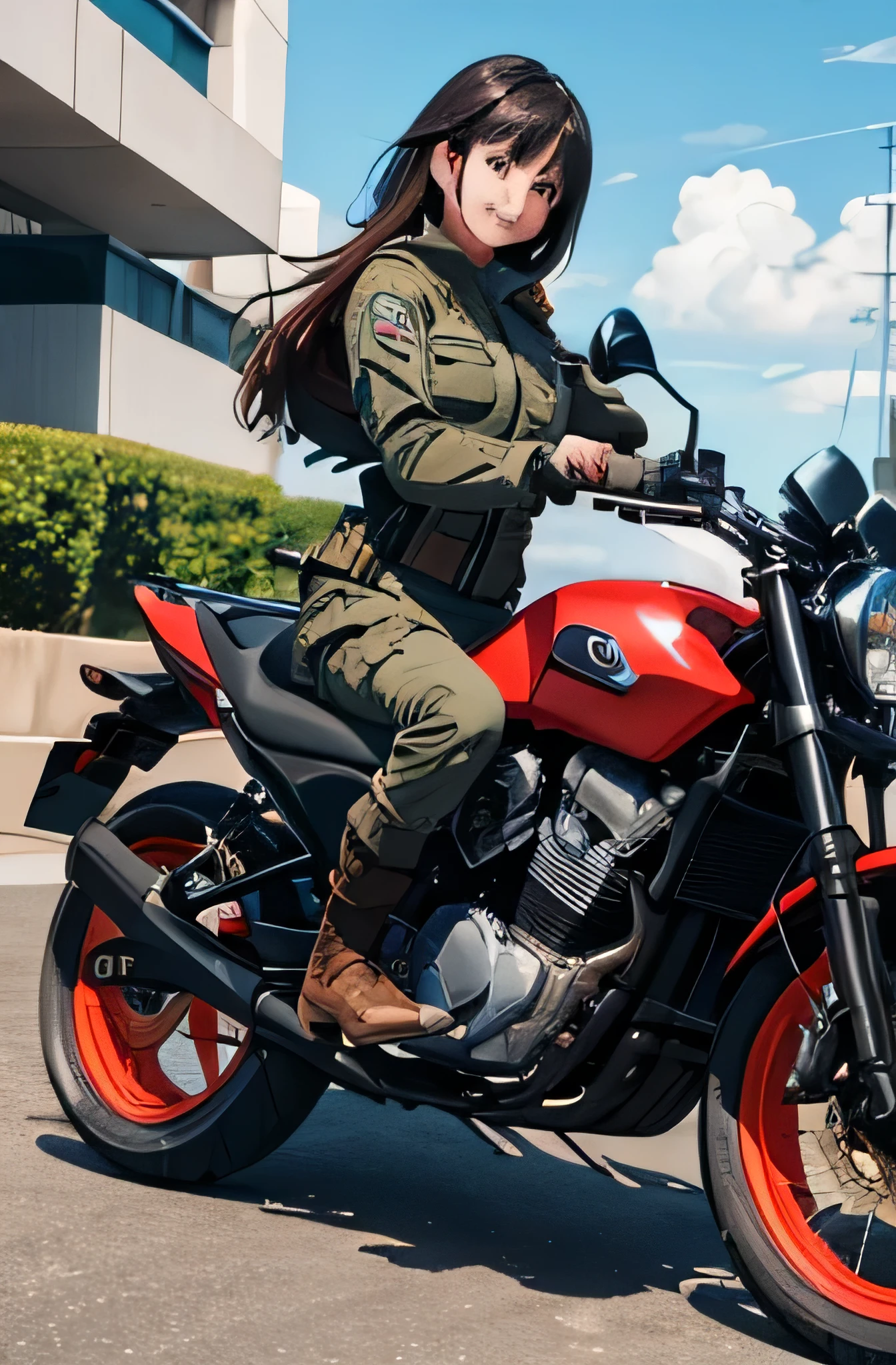 Girl in combat uniform,summer,smile,Driving a motorcycle,8K, Highest quality, masterpiece