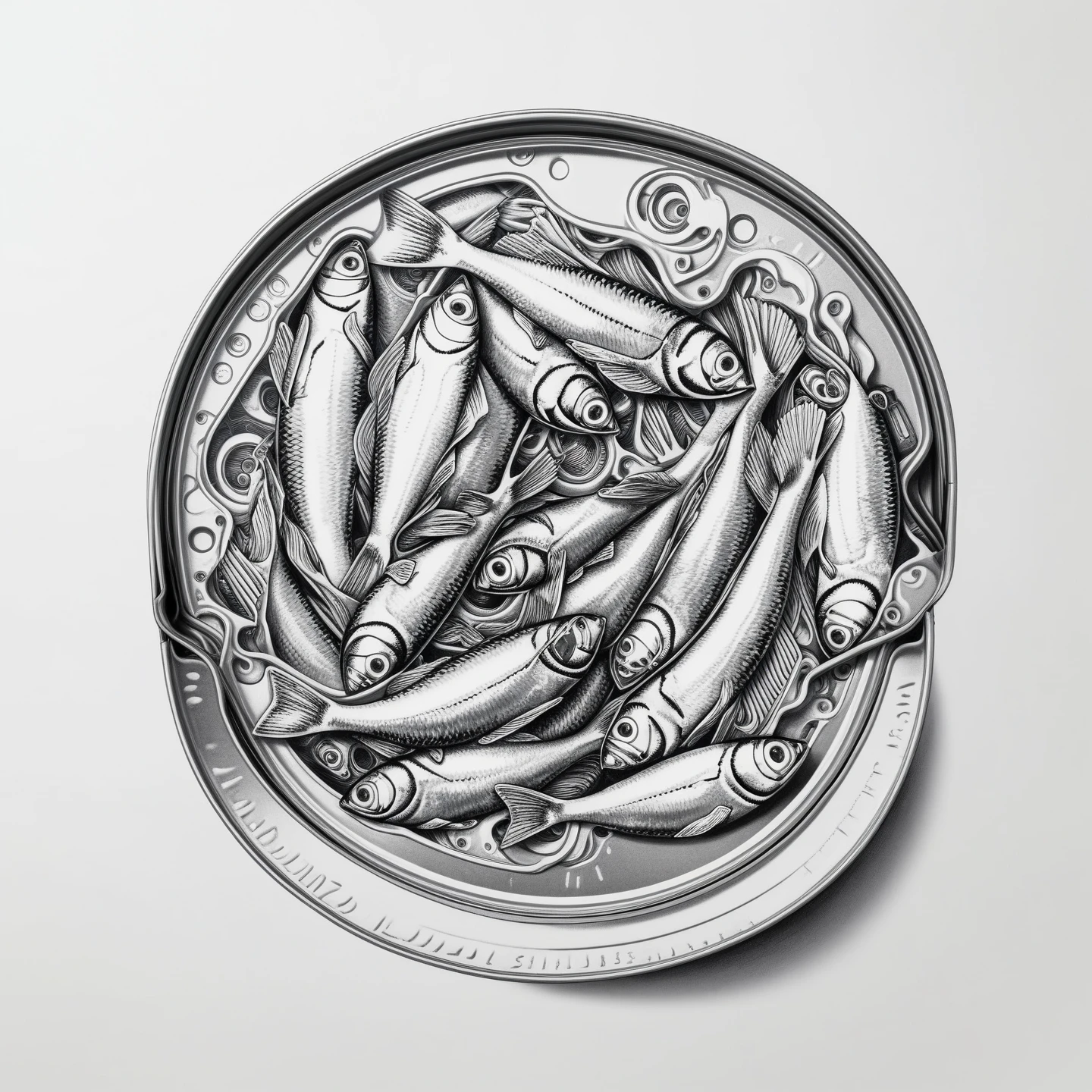 Tinned sardines in ring pull can, tattoo design, Japanese retro, doctor, lineart PStyl3, negative space, abstract, intricate, iridescent, 