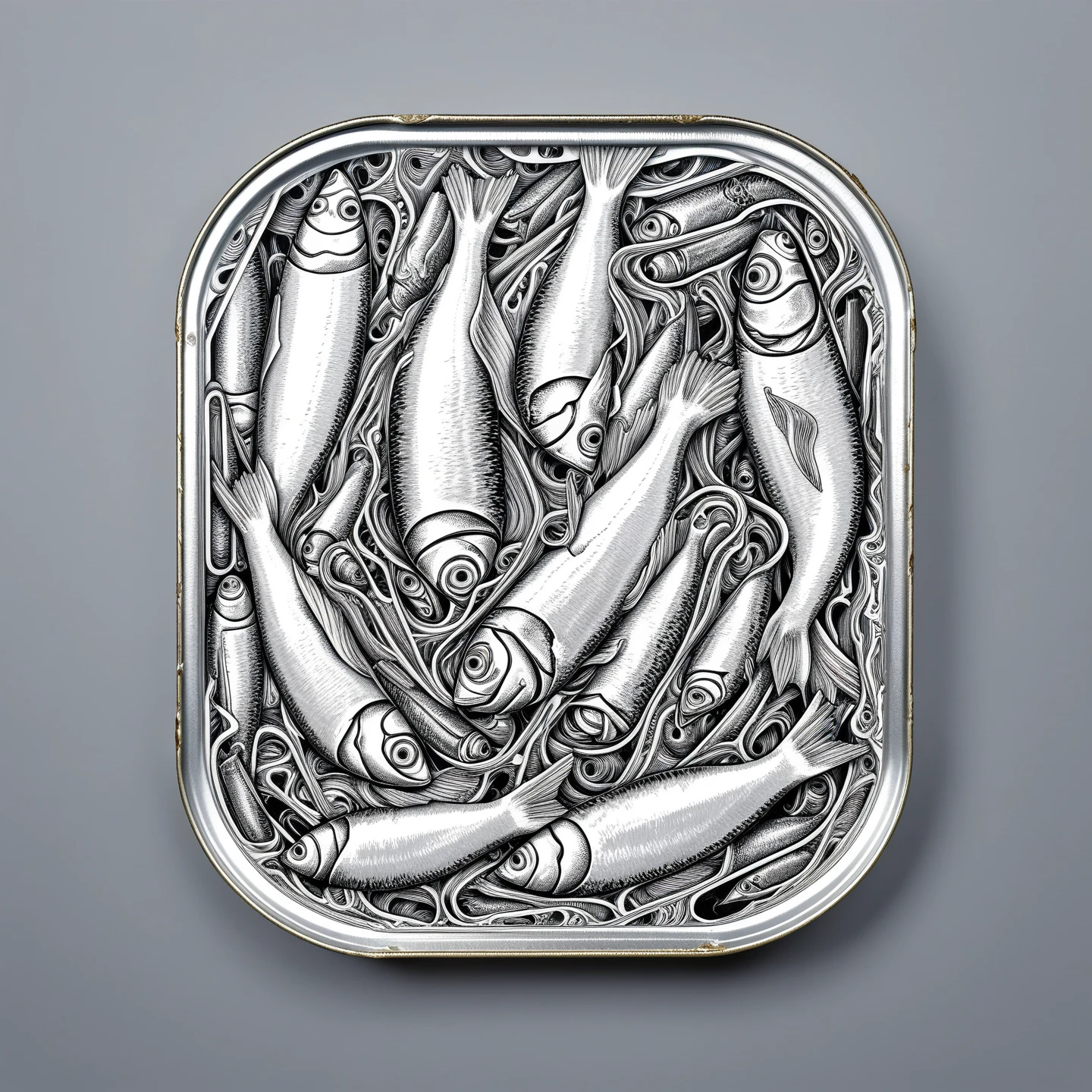 Tinned sardines in ring pull can, tattoo design, Japanese retro, doctor, lineart PStyl3, negative space, abstract, intricate, iridescent, 