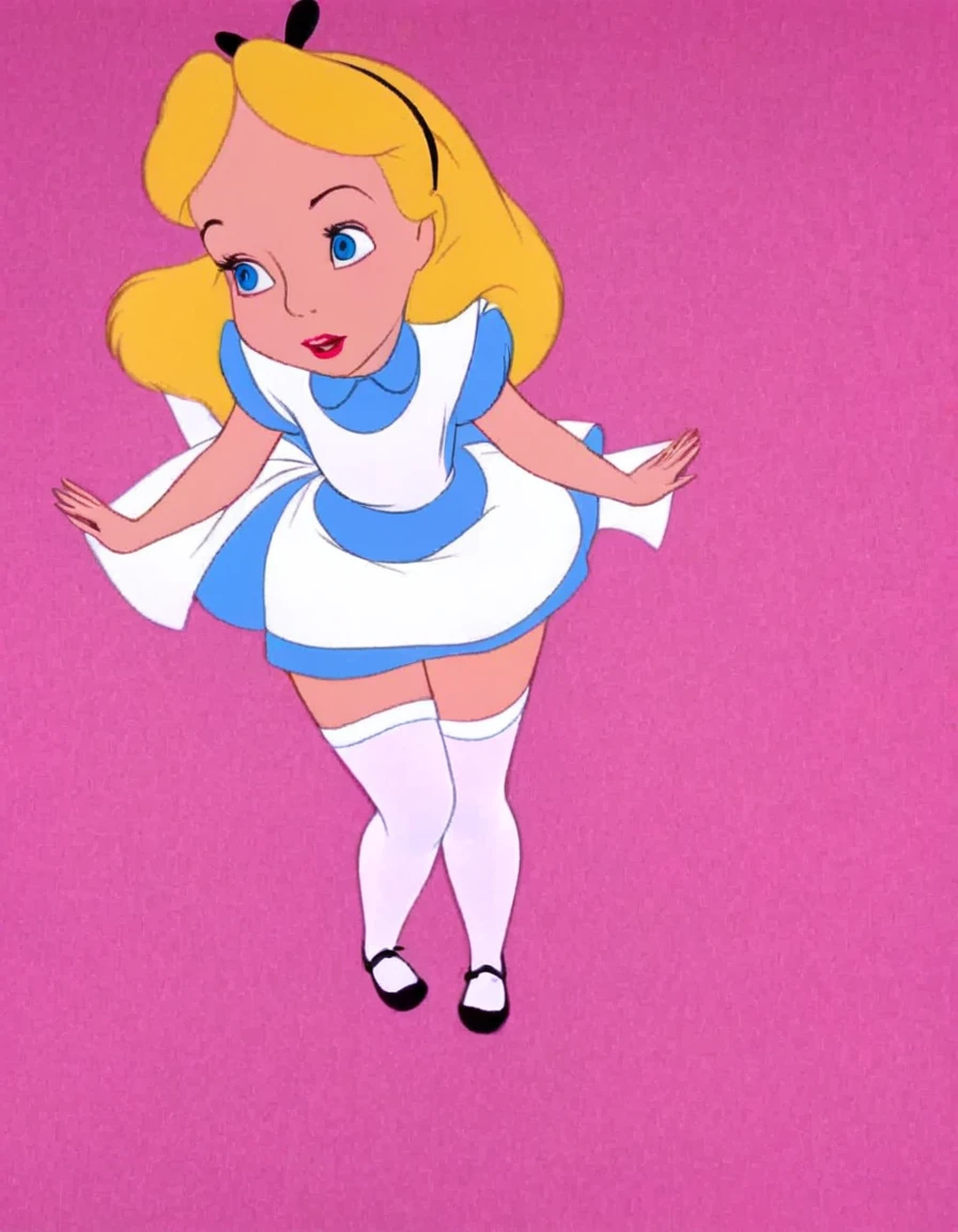 wxaliwonlan, 1girl, solo, long hair, blue eyes, blonde hair, alice (alice in wonderland), disney cartoon, masterpiece, best quality, upskirt view, front view, white panties, white stockings, short dress, hands lifting skirt