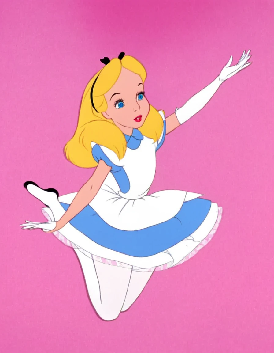 wxaliwonlan, 1girl, solo, long hair, blue eyes, blonde hair, alice (alice in wonderland), disney cartoon, masterpiece, best quality, upskirt view, front view, white panties, white stockings, short dress, hands lifting skirt