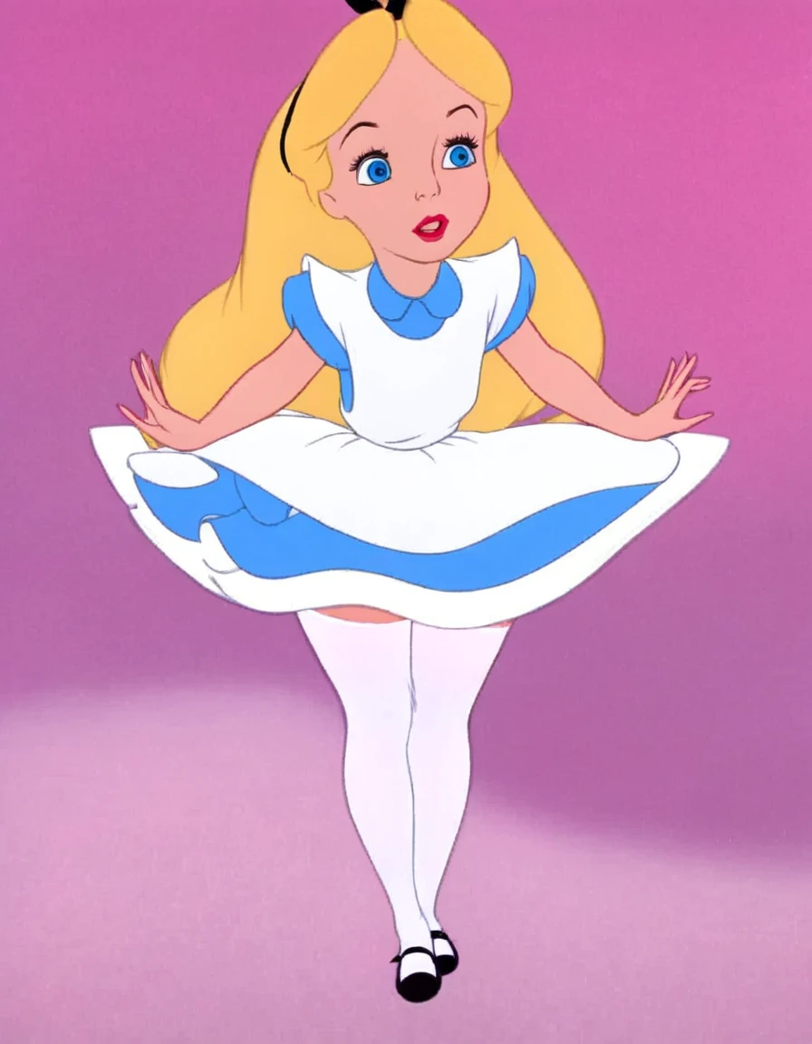 wxaliwonlan, 1girl, solo, long hair, blue eyes, blonde hair, alice (alice in wonderland), disney cartoon, masterpiece, best quality, upskirt view, front view, white panties, white stockings, short dress, hands lifting skirt
