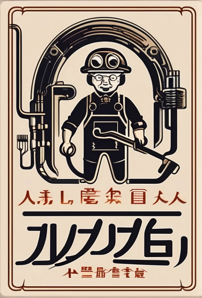 A logo for a Japanese electrical factory. A good old logo that reminds us of the 1900s. Old people from that time、Passionate about motors, etc.、The logo features people working in a factory with small spanners and other tools. It's a pretty cool, chic, and modern design with a white background.