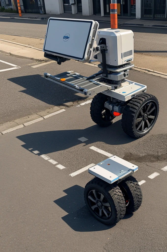 Generate an image of mobile robot with wheels unable to cross a pothole where a quadrupoed can cross
