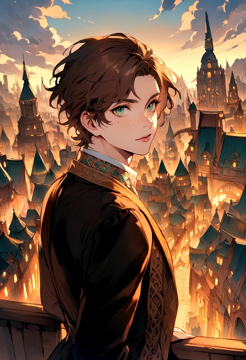 Male, solo, short brown hair, green eyes, freckles, fantasy city background