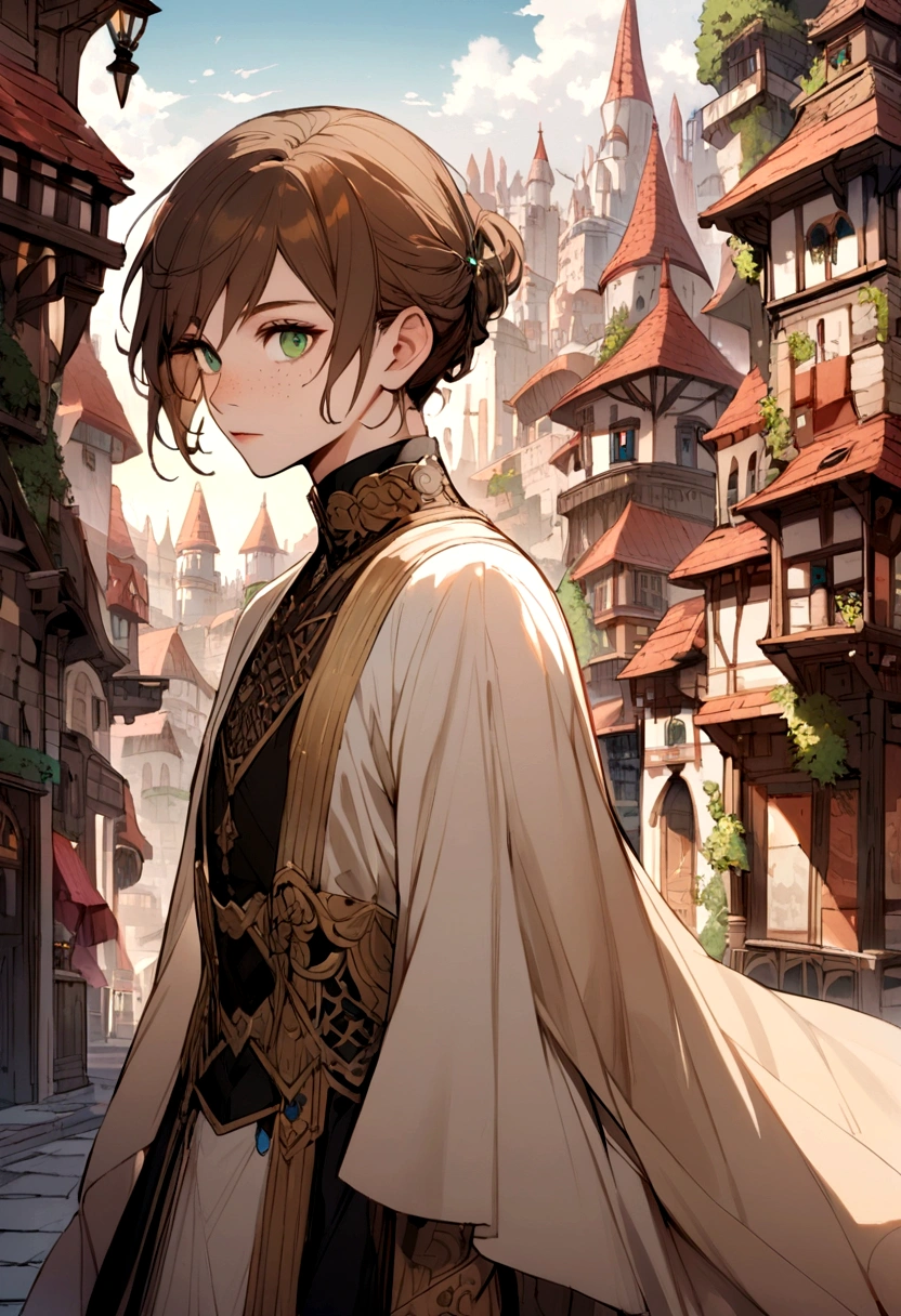 Male, solo, short brown hair, green eyes, freckles, fantasy city background