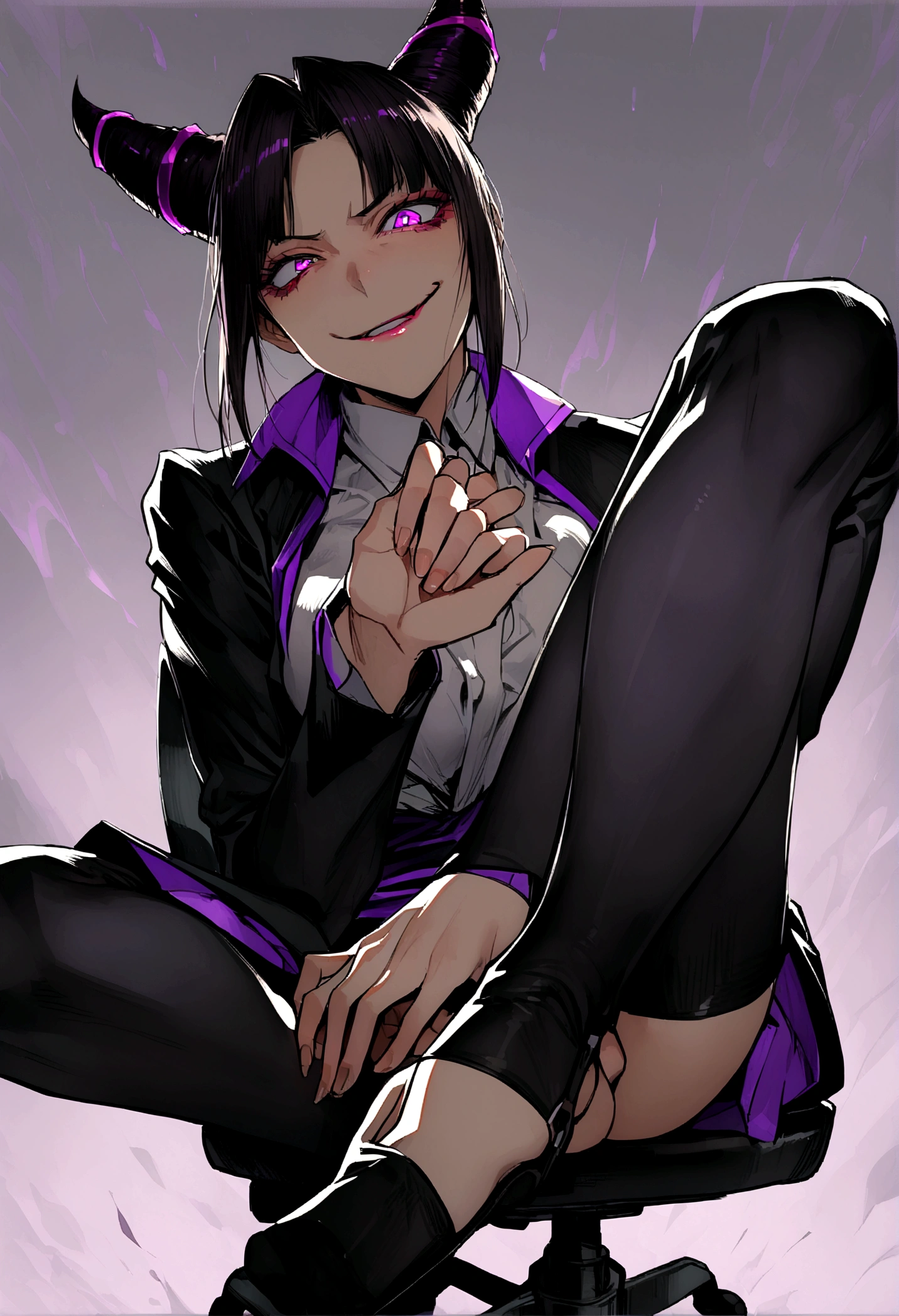juri han,horn hair,shining purple eyes,sitting on an office chair,staring overhead,evil smile,with one's legs crossed,short office skirt