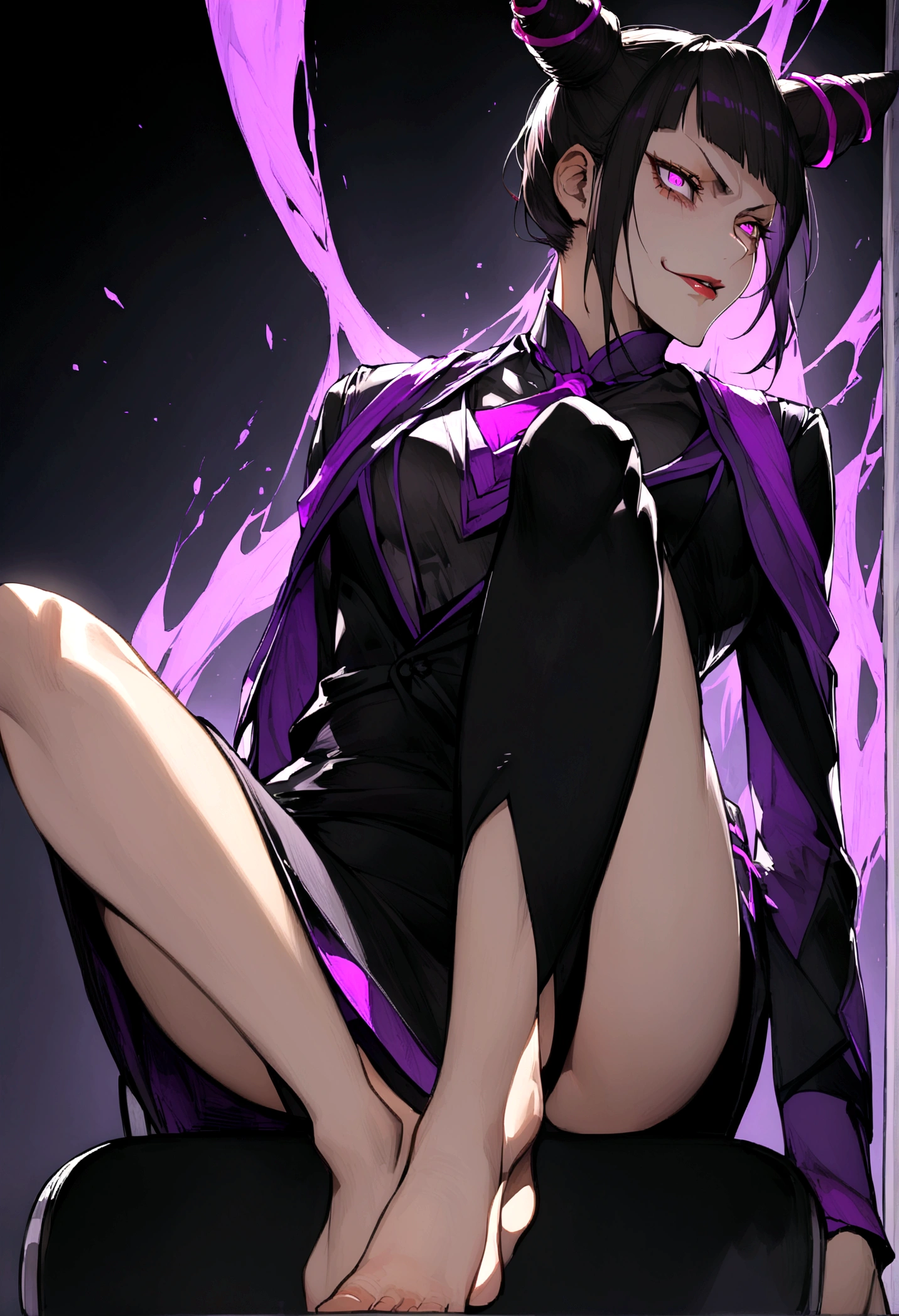 juri han,horn hair,shining purple eyes,sitting on an office chair,staring overhead,evil smile,with one's legs crossed,short office skirt