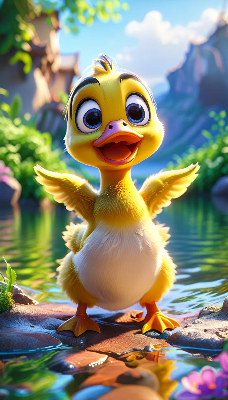 cute tiny duck, cartoon , arms, hands ,cute eyes, looking at viewer, arms up, lake background, red duck