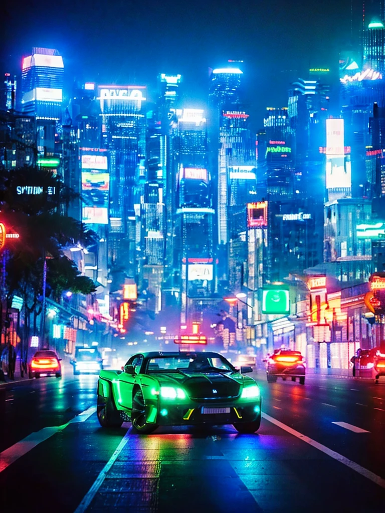 Masterpiece cinematic photo, photograph cinematic photo a retro car with big_tires, reflective, hyper detailed, ultra sharp, film, ultra realistic, ((best quality, symmetry)), ((masterpiece)), ((realistic)),  silicone, metal, (highly detailed, fine details, intricate), On the embankment of Moscow.  ( (no_humans) cityscape background, night, neon glowing, red, blue, green, eyllow, white, Roxo, (Several). 35mm photograph, film, bokeh, professional, 16k , highly detailed, by hajime sorayama