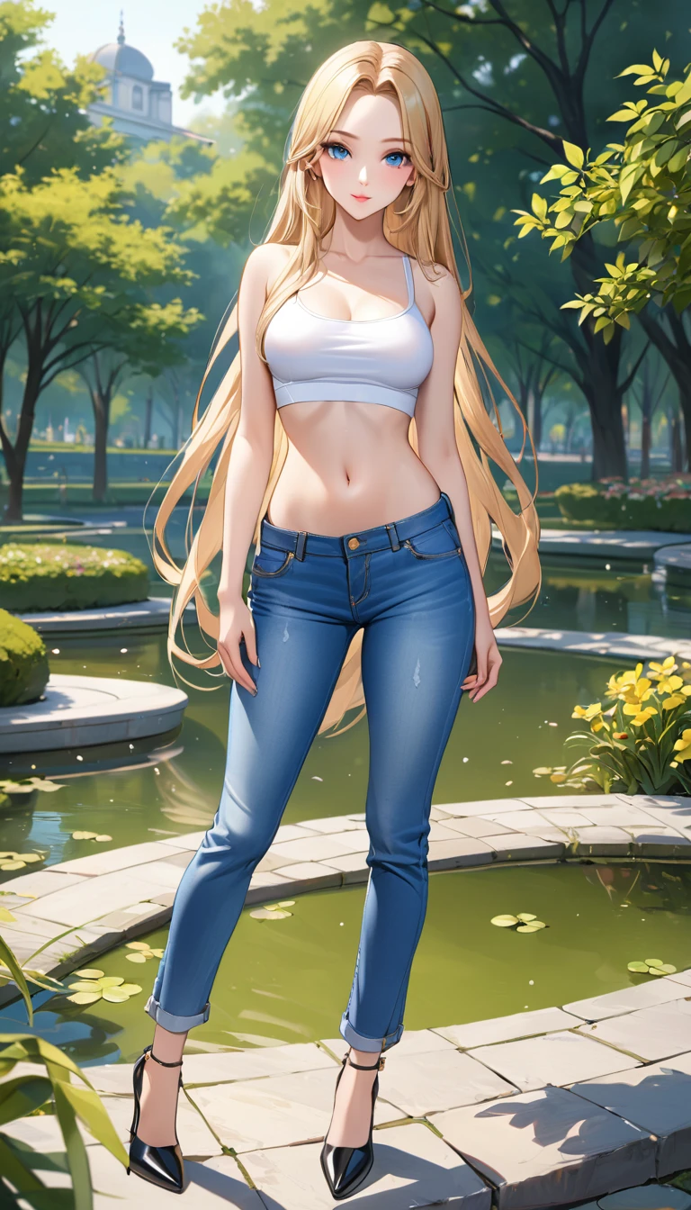 ((best quality, masterpiece:1.3, 8K)), (detailed), highly detailed face and skin texture, detailed eyes, (seductive pose:1.1), park, pond, full body, (slender body:1.1), 1girl, 25 years old, white skin, blue eyes, bright lips, seductive smile, blonde hair, straight hair, very long hair, (forehead:1.0), bright colored clothes, white croptop, medium breast, hard nipples, navel, jeans pants, flares jeans, light blue jeans, black heels,