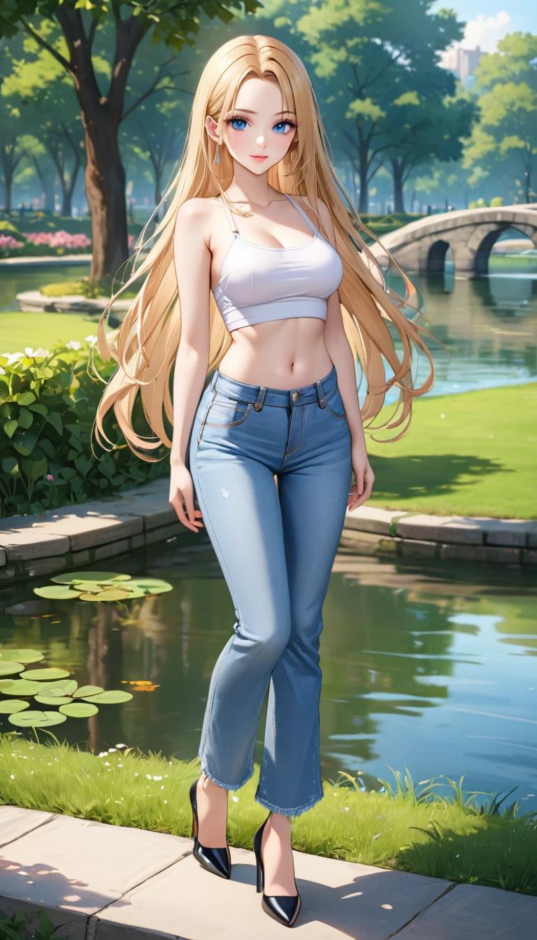 ((best quality, masterpiece:1.3, 8K)), (detailed), highly detailed face and skin texture, detailed eyes, (seductive pose:1.1), park, pond, full body, (slender body:1.1), 1girl, 25 years old, white skin, blue eyes, bright lips, seductive smile, blonde hair, straight hair, very long hair, (forehead:1.0), bright colored clothes, white croptop, medium breast, hard nipples, navel, jeans pants, flares jeans, light blue jeans, black heels,