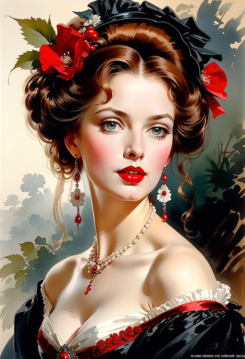 Victorian Hungarian women Women of the 19th century, Hazel hair, Red lips, Nice feature, Wadim Kashin, james gurney, ink, Splash Art", Amazing beauty , Royo, after sexing, Super detailed splash art modern European ink painting, nude, naked, showing her tits