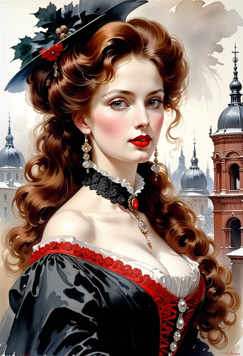 Victorian Hungarian Women 19th Century Women, chestnut hair, Red lips, Good resource, Vadim Kashin, James Gurney, inking, splash art", wonderful beauty , Royo, after sexing, Super detailed splash art modern European inking painting