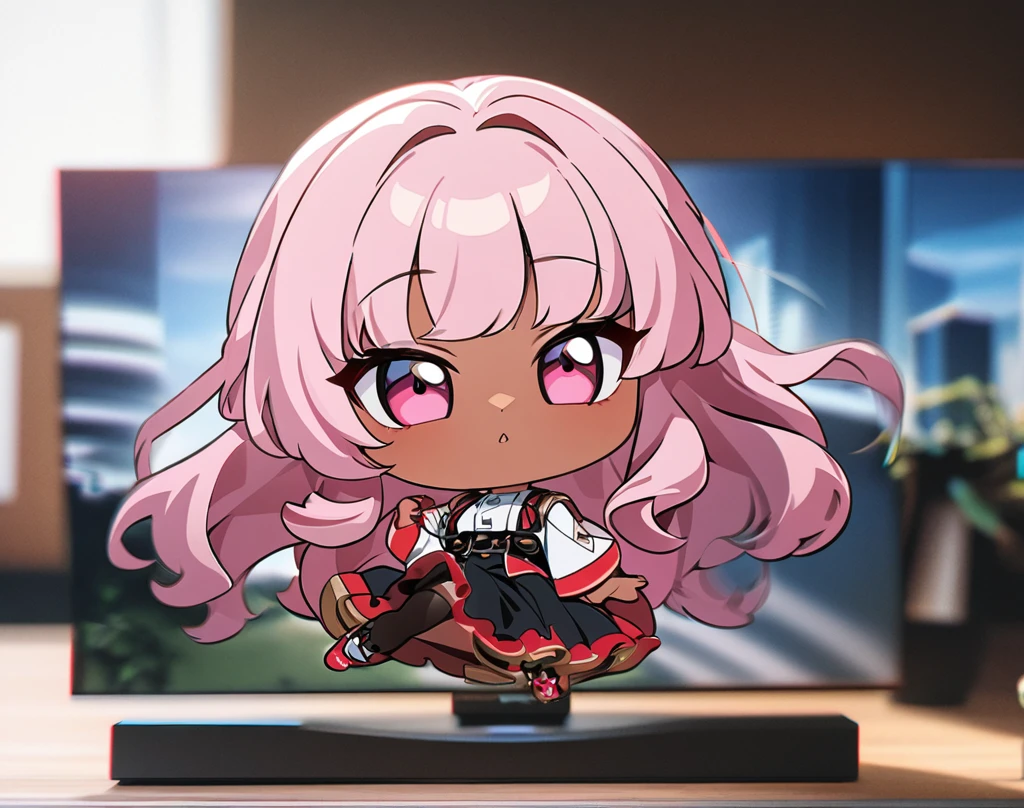 (masterpiece), best quality, ultra-detailed, 1024k UHD wallpaper, ultra-high resolution, depth of field, HDR, (extremely detailed CG 1024k wallpaper), Detailed face, Detailed Clothes, Ultra HD Photo, 1girl, long silky hair, 90's style, medium pink hair, pink eyes, chibi, tan skin, (newest anime art style)