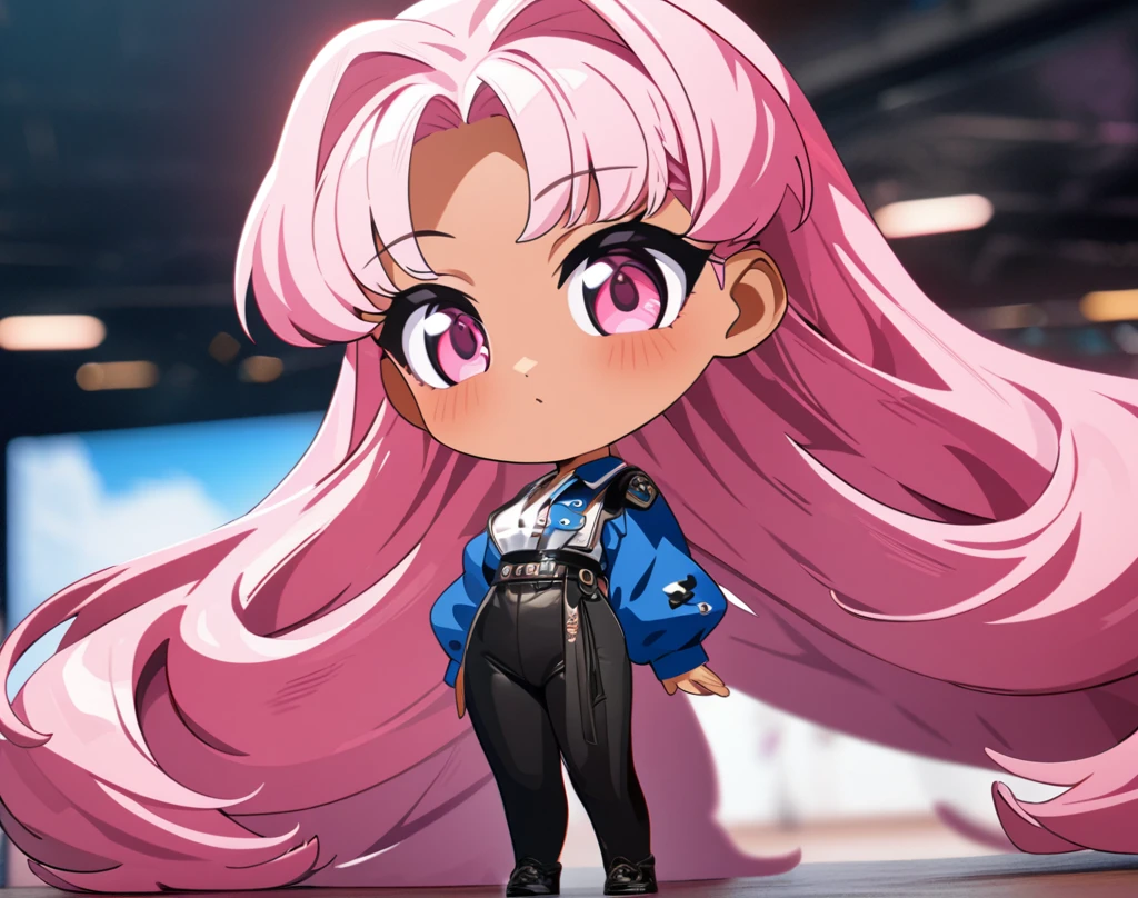 (masterpiece), best quality, ultra-detailed, 1024k UHD wallpaper, ultra-high resolution, depth of field, HDR, (extremely detailed CG 1024k wallpaper), Detailed face, Detailed Clothes, Ultra HD Photo, 1girl, long silky hair, 90's style, medium pink hair, pink eyes, chibi, tan skin, (newest anime art style)