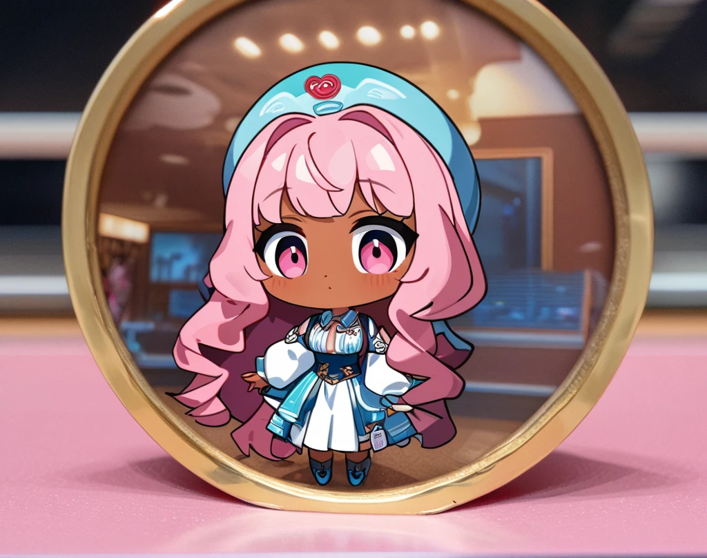 (masterpiece), best quality, ultra-detailed, 1024k UHD wallpaper, ultra-high resolution, depth of field, HDR, (extremely detailed CG 1024k wallpaper), Detailed face, Detailed Clothes, Ultra HD Photo, 1girl, long silky hair, 90's style, medium pink hair, pink eyes, chibi, tan skin, (newest anime art style)
