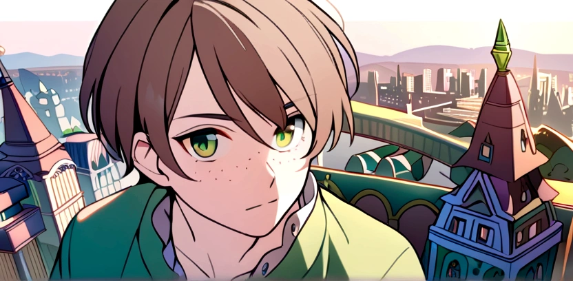 Male, solo, short brown hair, green eyes, freckles, fantasy city background