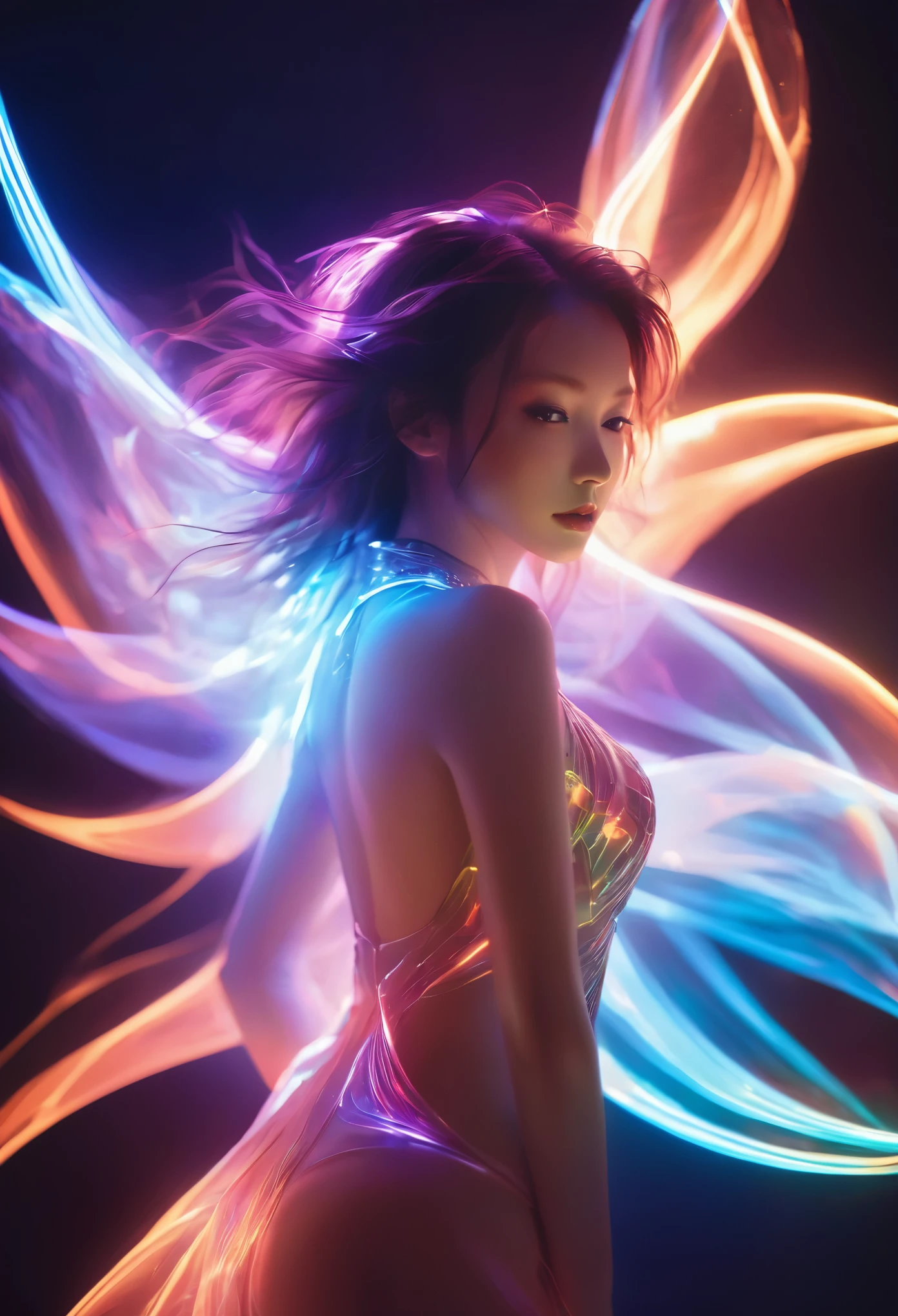 translucent luminous body,glow,bailing_model,1girl,pale skin,neon noir,long exposure,motion blur,1girl,(Glowing ambiance, enchanting radiance, luminous lighting, ethereal atmosphere, mesmerizing glow, evocative hues, captivating coloration, dramatic lighting, enchanting aura),