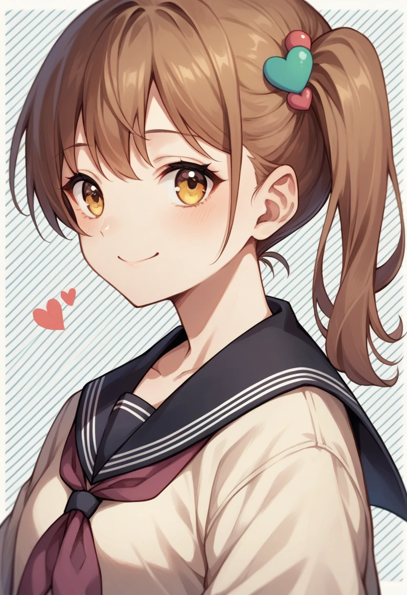 Ichige style, One girl, alone, Brown Hair, heart, hair ornaments, , Side Ponytail, smile, View your viewers, neckerchief, Upper Body, heart hair ornaments, cardigan, Sailor collar, Seraphim, black Sailor collar, bangs, Yellow Eyes, Mouth closed, Long Hair, Brown eyes, purple neckerchief, Striped background, clavicle, Striped, Polka dot pattern, star (symbol)