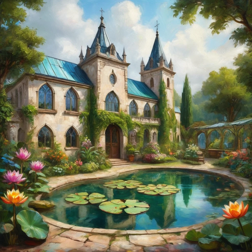 (work of art, highest quallity), details Intricate, high-quality textures, vivid texture, Greenhouse covered in vegetation in a fantastic medieval monastery, Exotic plants, Wild Green, many colorful flowers, glass House, swimpool, water lily, stuffy atmosphere, fantasy settings,  