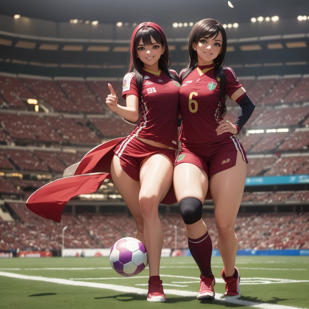 a girl dressed as Vinotinto Venezuelan soccer team, sexy, beautiful smile, in the background a football stadium