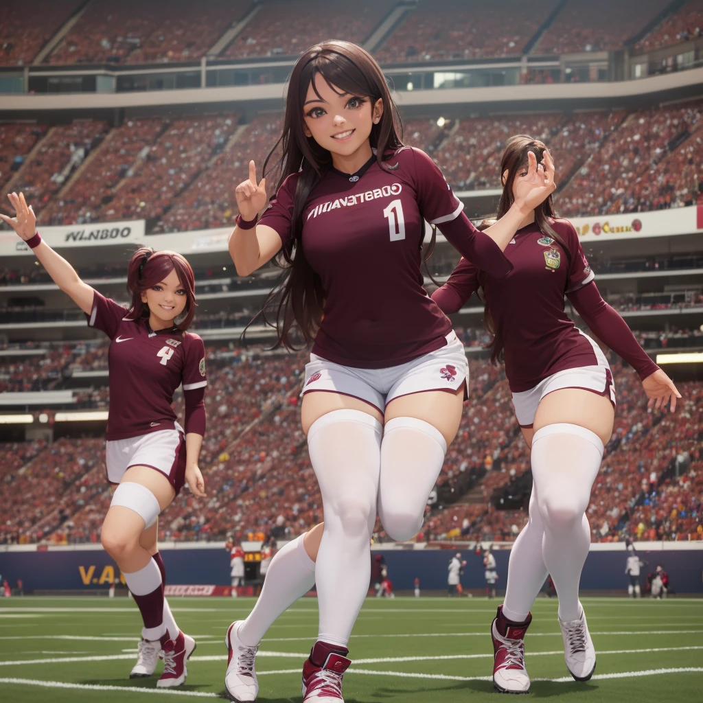 Girl dressed as Vinotinto Venezuelan soccer team, sexy, beautiful smile, in the background a football stadium