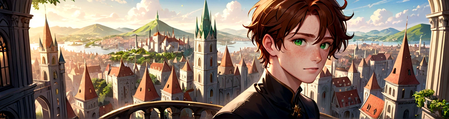 Male, solo, short brown hair, green eyes, freckles, fantasy city background