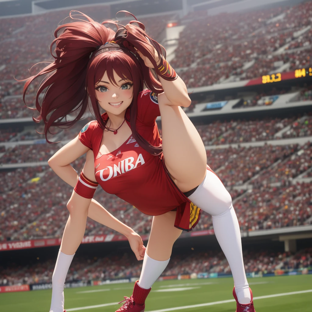 a girl dressed as Vinotinto Venezuelan soccer team, sexy, beautiful smile, in the background a football stadium
