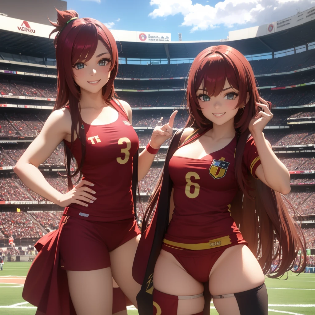 1-Girl dressed as Vinotinto Venezuelan soccer team, sexy, beautiful smile, in the background a football stadium