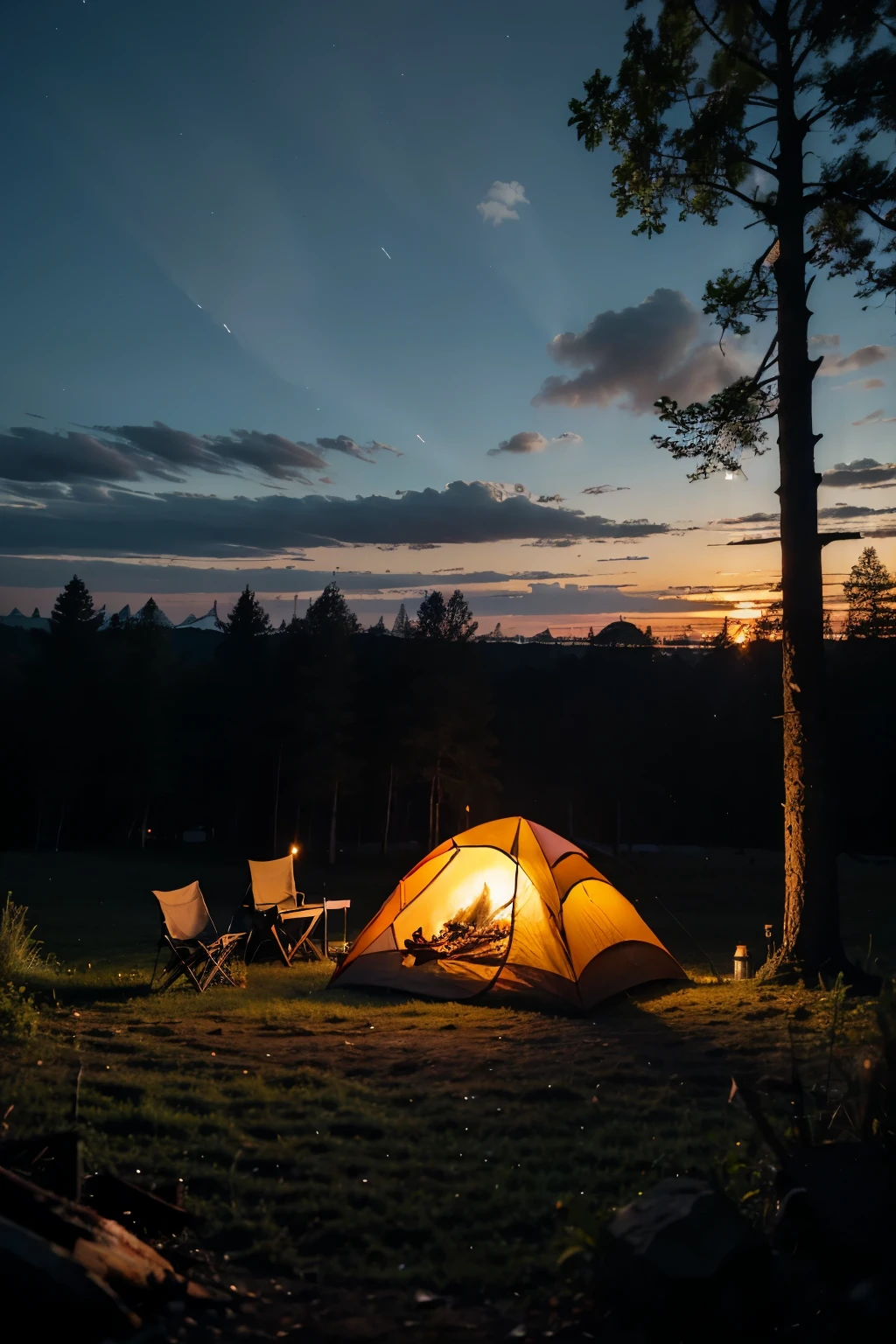 camping，forest，tent，bonfire，Sky curtain，gourmet food