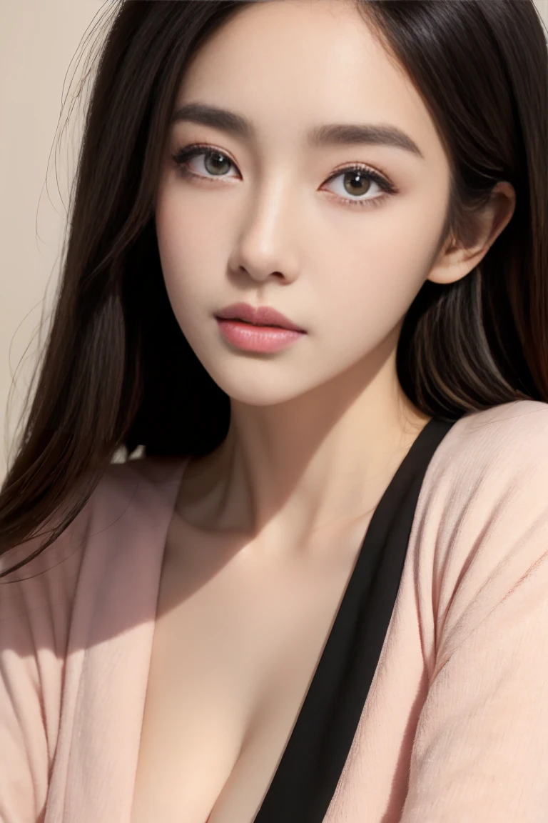 Gentle and beautiful woman, Half-length photo, Exquisite and sexy clavicle, Charming oval face, Double eyelids, Bright peach blossom eyes, Pink lips, Small nose, Bare shoulders, focused face, Close-up of face, Ultra HD, Super Detail, Standing elegantly, Black British college style double-breasted casual loose Korean style small suit jacket, Paired with a black pleated skirt suit