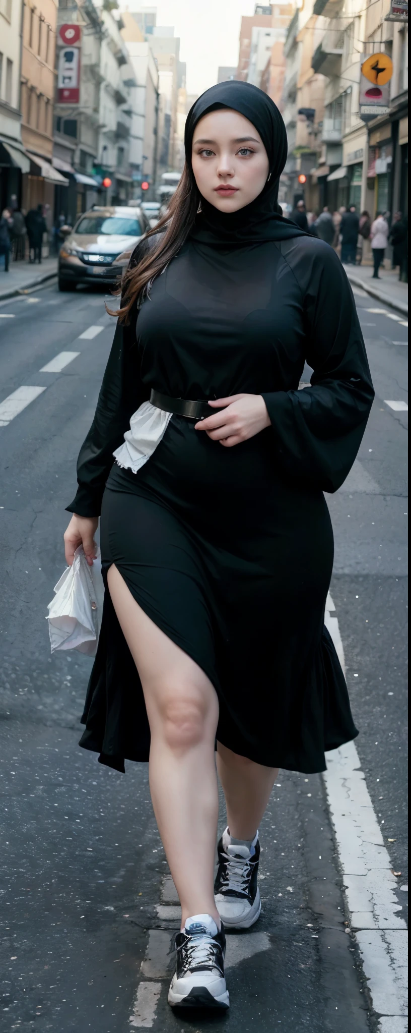 Milky white skin woman in black dress and hijab walking down the street, ,  hijab outfit, ,  hijab fashion model, plus size, plus size woman, ,  woman in black robes, beautiful woman, thicc, black outfit,, bbwchan , white sneakers , Height 170 cm, beautiful woman, with a beautiful appearance, a very beautiful masterpiece, a masterpiece of art, good lighting, Bright colors, Clean lines, naked.