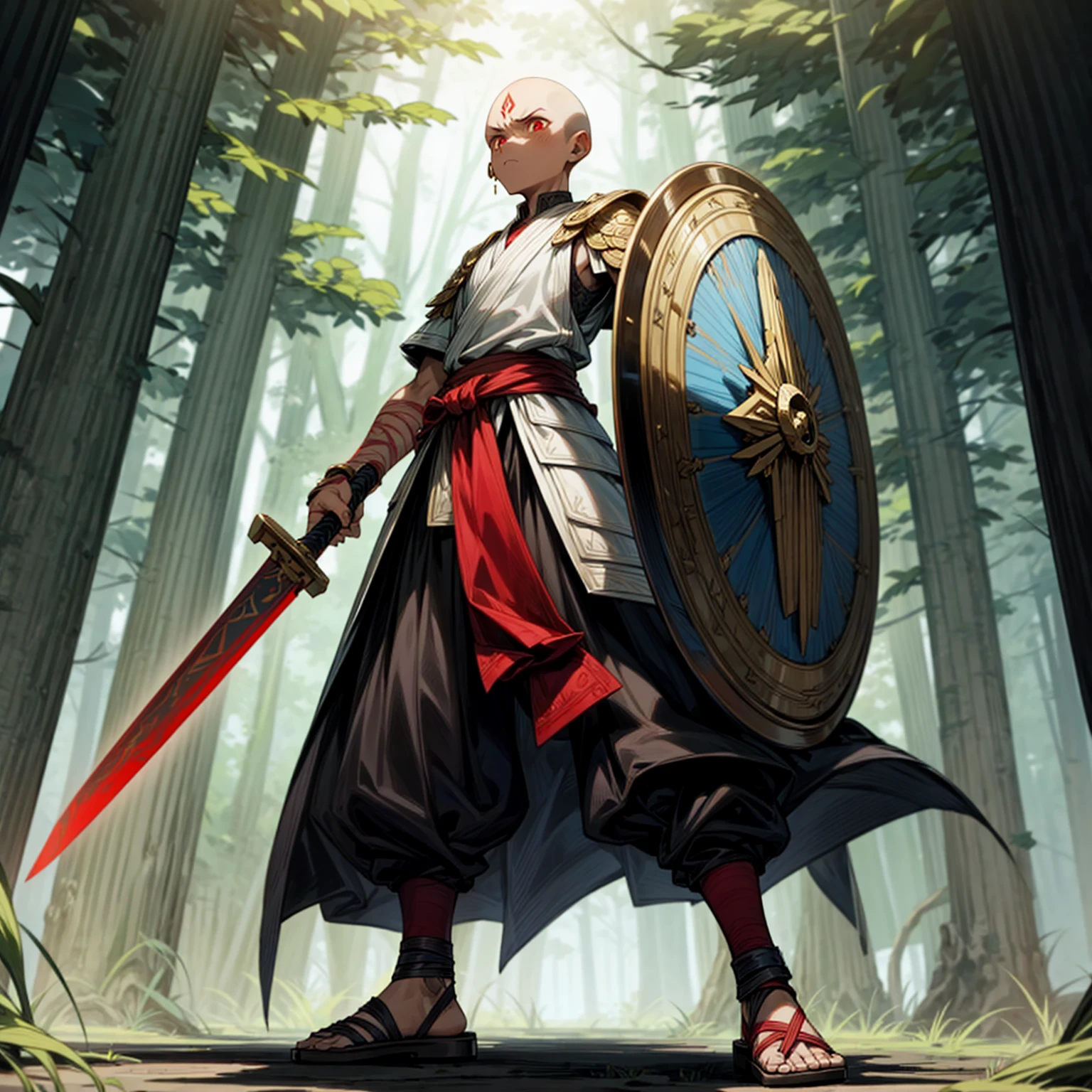 1boy, Full body version, red eyes, dark skins, angry eyes, bald hairstyle, angry expression, ancient Greek clothing, ancient Greek sandals, spatha sword in hand, small shield, wood armor vest, Grassroots background in forest