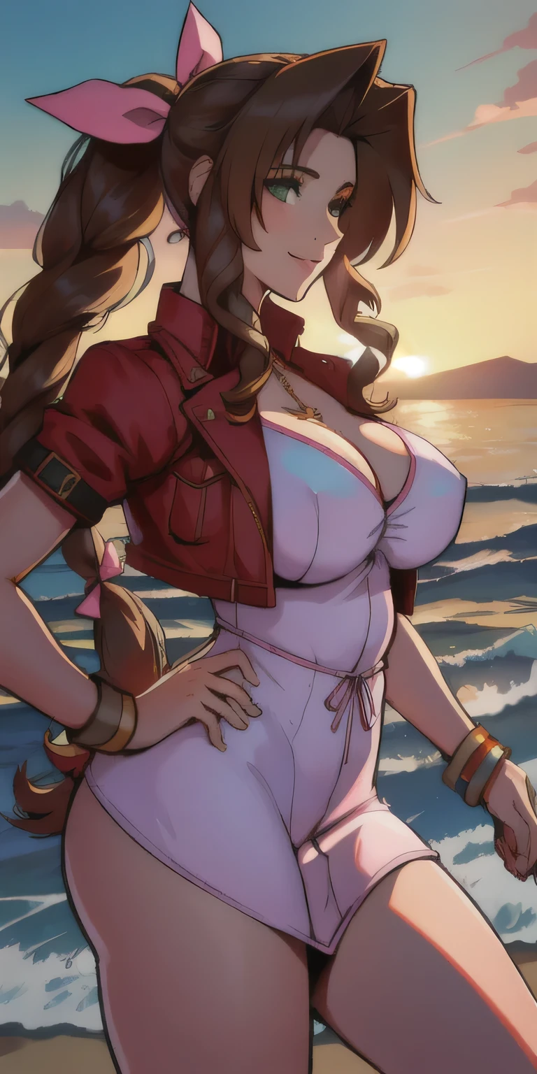 masterpiece, best qarity, Aerith Gainsborough, She is standing, she is raised, short dress, Athletic build, thin waste, broad hips, perky ass, gargantilha, Short jacket, hair bow, bracelet, pink dress, spectator side, smile, mouth shut, inside, stained glass, legs thick, big boobies, very short dress, she is standing, She is standing, beach scene