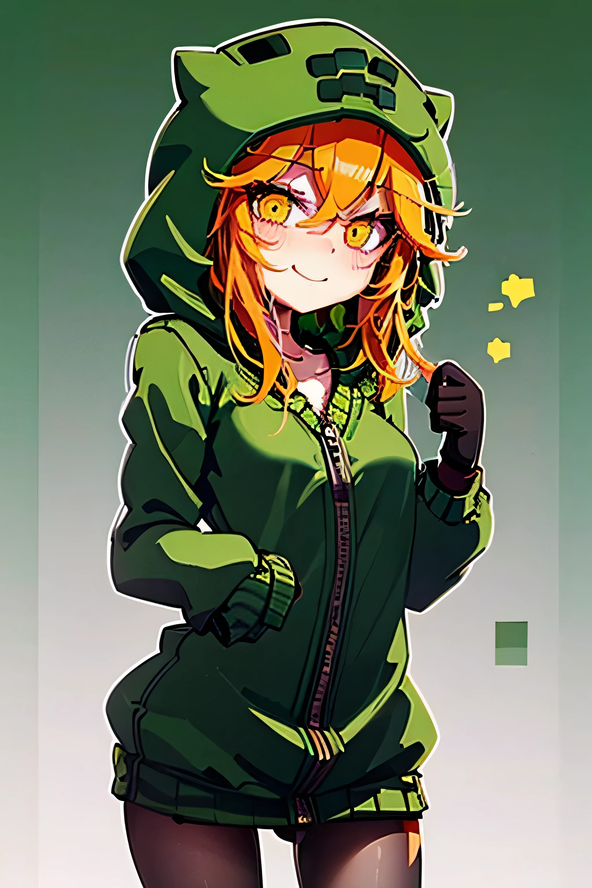 anime girl, creeper girl, orange hair, yellow eyes, blush, cute smile, slim figure, slender legs, long green hoodie, hood, green mini skirt, dark green stockings, black gloves, small breasts, minecraft plains