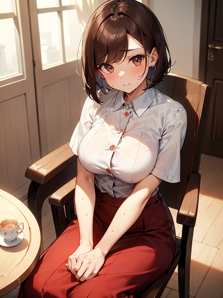NSFW、My breasts are being massaged:2.4 Craggy hands (((Red long skirt, buttoning her blouse with her hands, opening the front:2.4. An elegant white short-sleeved blouse that shows off a white bra))),(((Apartment room、Sitting in a chair、Anxious expression、Tea on the table:1.3)))Mid-length bob cut hair:1.9. Big breasts:1.6、(((1 Female:1.3))), (((Brown Hair:1.3. Wavy Hair:1.5. Bob Cut Hair:1.9 Round Eyes Beauty:1.3. Shapely breasts, brown eyes, side-swept bangs, red cheeks:1.3 Sweat:1.3)))、(((Top quality masterpiece high resolution perfect human body:1.3))),(((Sweat:1.3,cute:1.3)))