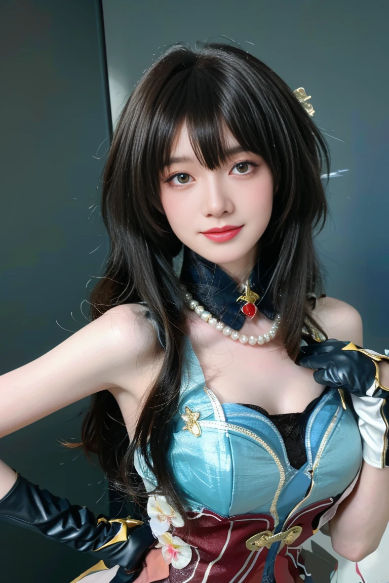 best quality, tmasterpiece,Ultra-high resolution,Clear face,(Reality:1.4),ferpect lighting,upper body photo), (photorealistic:1.50), anime wallpaper, Guviz style artwork, cover-up fantasy up to magic , by Yang J, Guviz, beautiful artwork illustration, beautiful digital artwork, beautiful digital illustration, Li Song, beautiful anime portrait, art style in Beauvot, 1girl, 独奏, full body, looking at viewer, smiling, closed mouth, bangs, hair between eyes, RUANMEI cosplay costume, chinese dress, chinese clothing, cosplay, RUANMEI, dress, gloves, elbow gloves, hair decoration, jewelry, high heels, indoor, In the room,