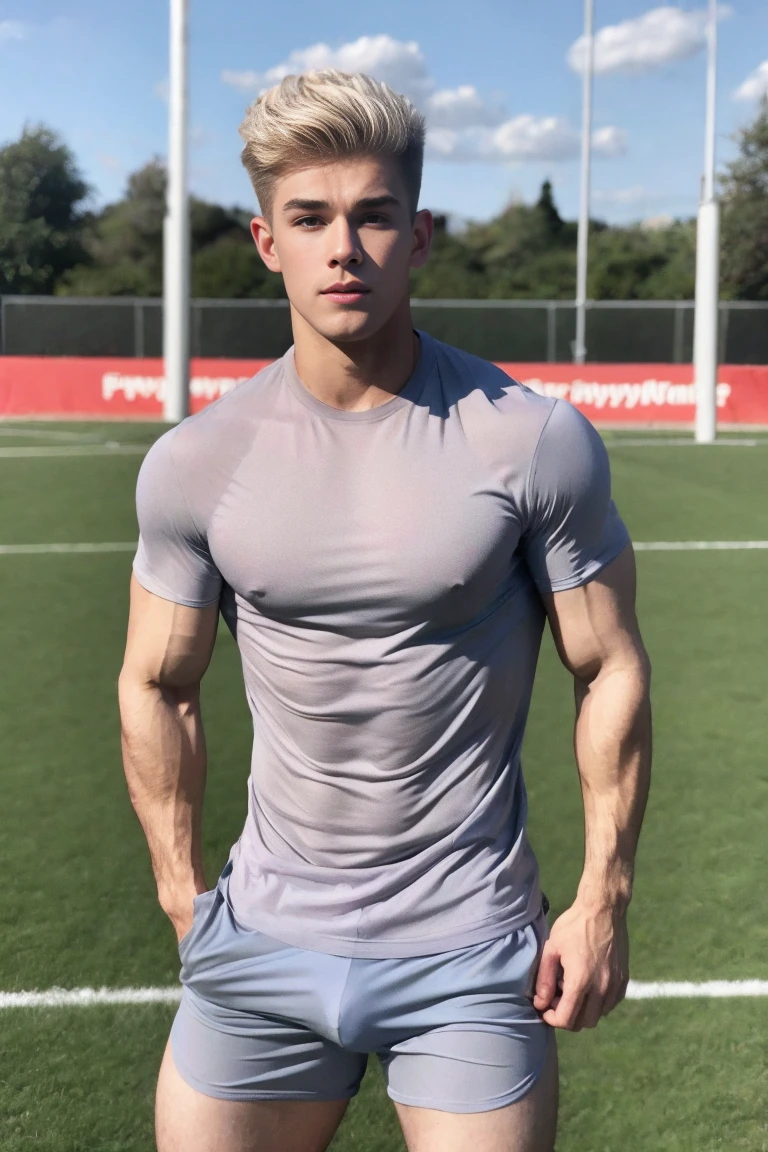 muscle handsome blonde guy 18 yo, wear transparent gray shirt, bulge shorts, standing on soccer field, akimbo