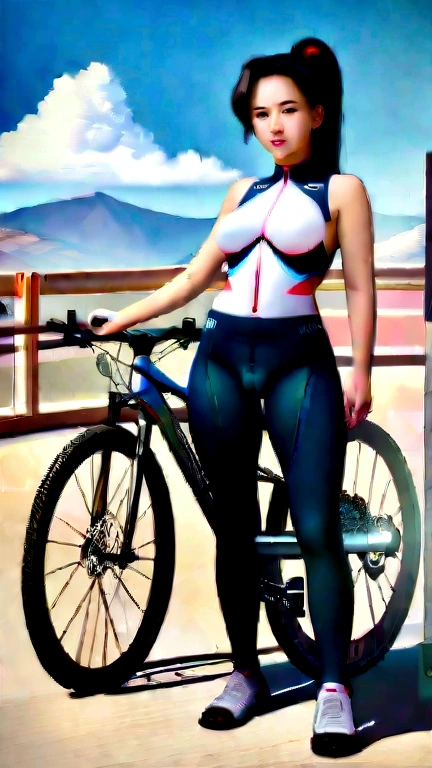 (girl, 22 years ago, Same height :1.2) ,masterpiece,Mountain bike,Cycling Enthusiasts,beautiful 、girl riding a bicycle、Play sports often、Blue sky and white clouds,8K, Japanese actor (smile:0.7), smile, ponytail , Camel Toe, (High color saturation:1.0), (Very detailed肌), (Highest quality:1.0), (Ultra-high resolution:1.0) ,(Realistic:1.0), (Very detailed:1.0),8K, RAW Photos:1.1)、Inverted nipples, sexy, software, Full Body Shot、